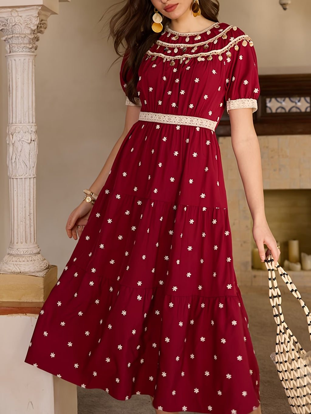 Robe midi femme à fleurs brodées