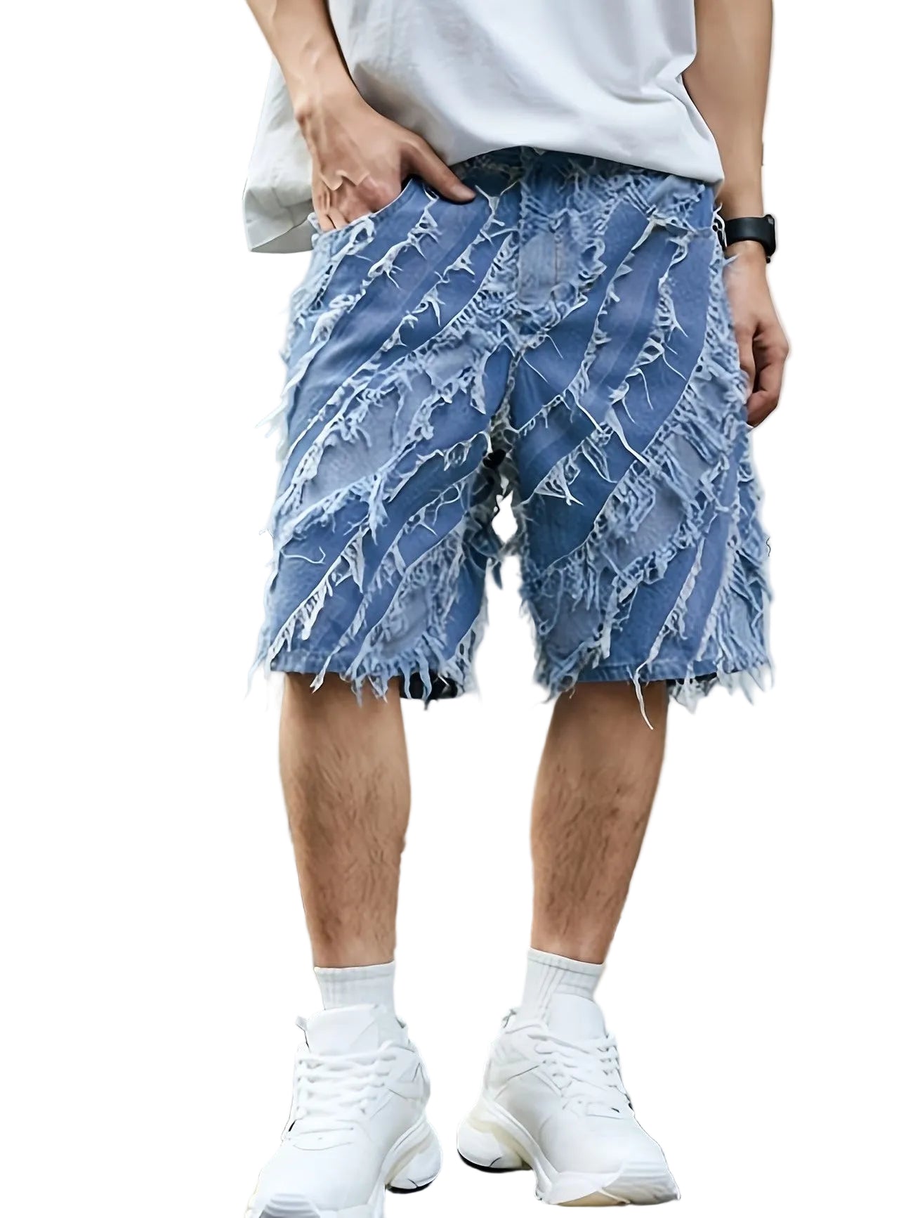Short homme à panneaux effilochés longueur genou